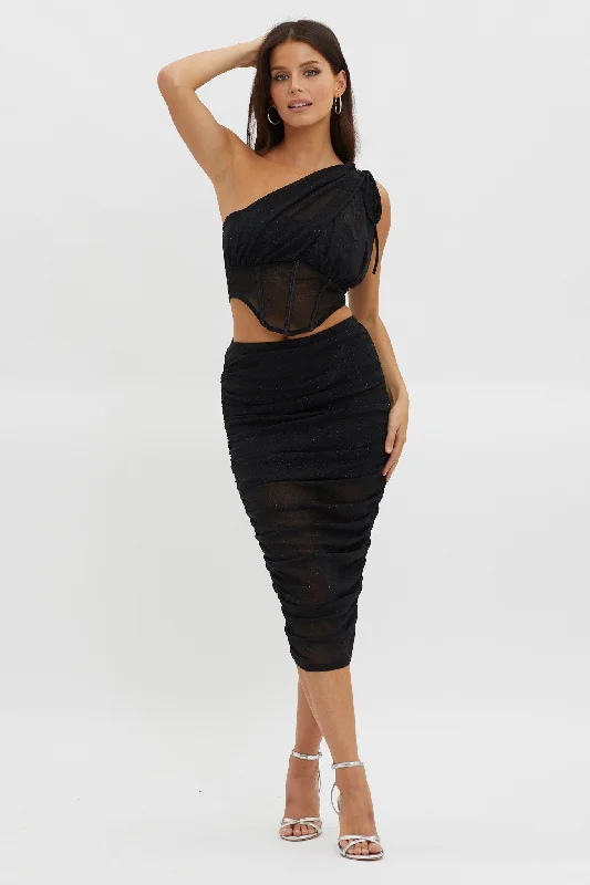 Maddisan Ruched Glitter Mesh Midi Skirt Black