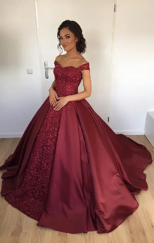 Maroon Satin Ball Gowns Wedding Dresses Off The Shoulder