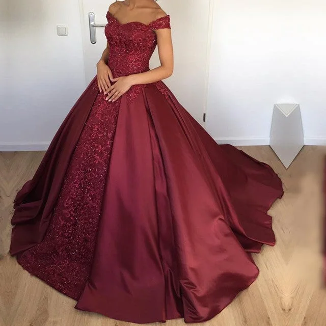 Maroon Satin Ball Gowns Wedding Dresses Off The Shoulder