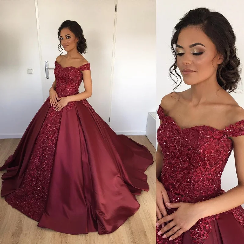 Maroon Satin Ball Gowns Wedding Dresses Off The Shoulder