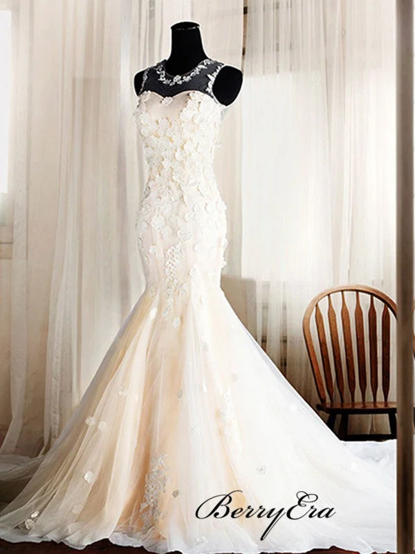 Mermaid Elegant Appliques Wedding Dresses, Lace Fancy Bridal Gowns, Wedding Dresses