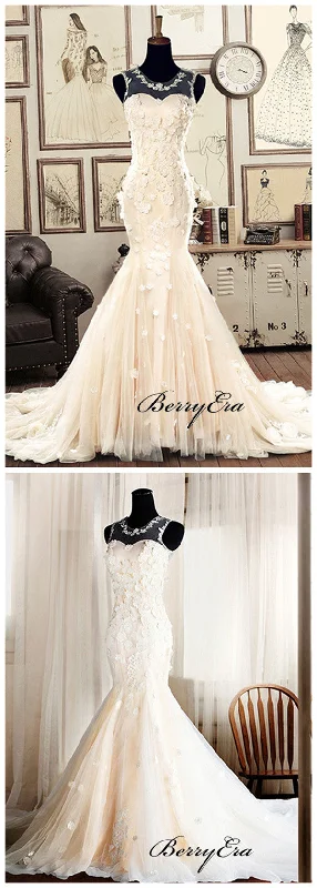 Mermaid Elegant Appliques Wedding Dresses, Lace Fancy Bridal Gowns, Wedding Dresses