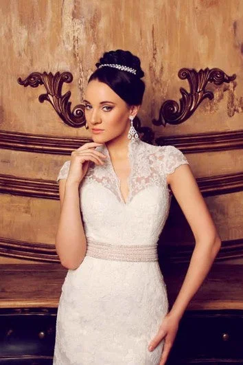 Mermaid Floor-Length V-Neck Cap-Sleeve Illusion Lace Dress With Appliques And Waist Jewellery