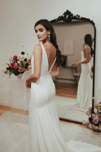 Mermaid V-neck Satin Sexy Wedding Gown With Train And Deep V-back