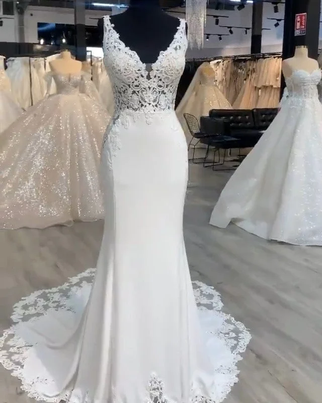 Mermaid Wedding Dress Lace V Neck Sweep Train