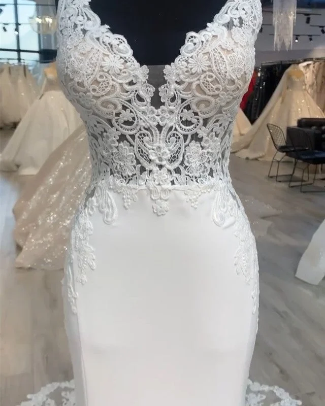 Mermaid Wedding Dress Lace V Neck Sweep Train