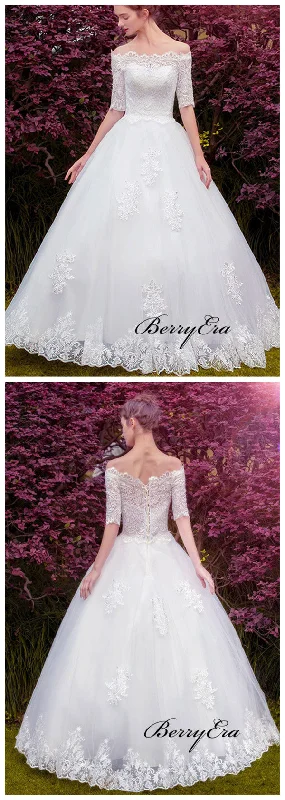 Mid Sleeves A-line Bridal Gowns, Lace Wedding Dresses, New Trend Wedding Dresses 2019