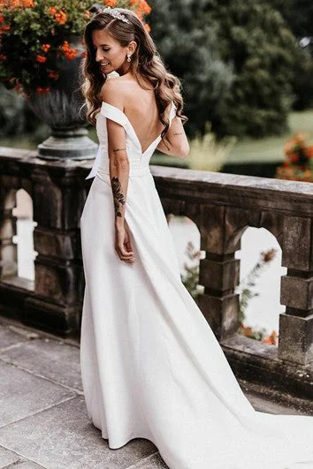 Modern Off-the-shoulder A Line Satin Floor-length Wedding Dress with Split Front