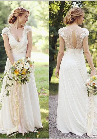 Modern V-neck Chiffon Flowers Wedding Dress 2018 Sweep Train