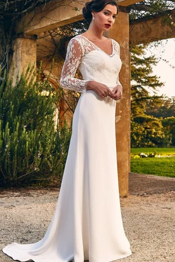 Modest Sheath V-neck Lace Satin Sweep Train Long Sleeve Deep-V Back Wedding Dress