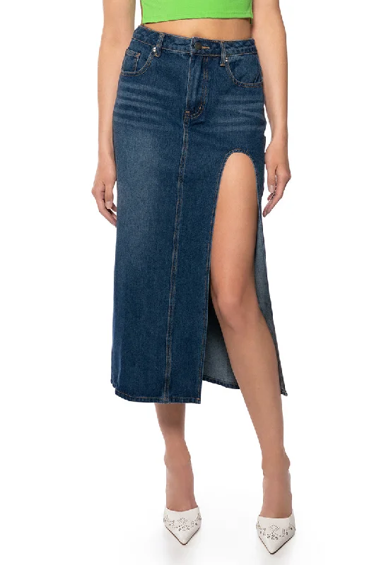 NAUGHTY OR NICE DRAMA SLIT DENIM SKIRT