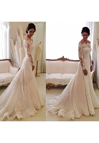 Off-shoulder All Lace A-line Gown With Long Sleeves