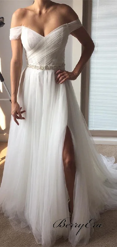 Off Shoulder Side Slit A-line Tulle Wedding Dresses