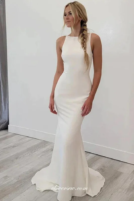 Off White Satin Sleeveless Backless Mermaid Charming Wedding Dresses, CW0374