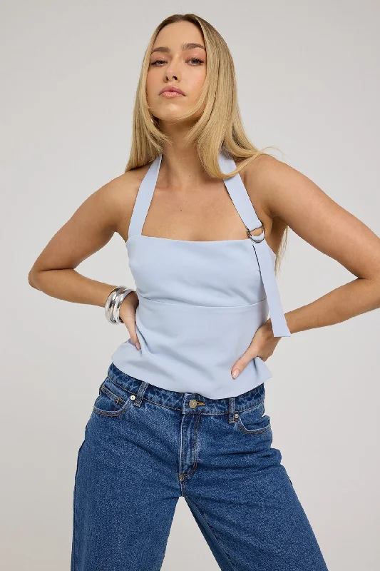 Perfect Stranger Buckle Up Halter Top Light Blue