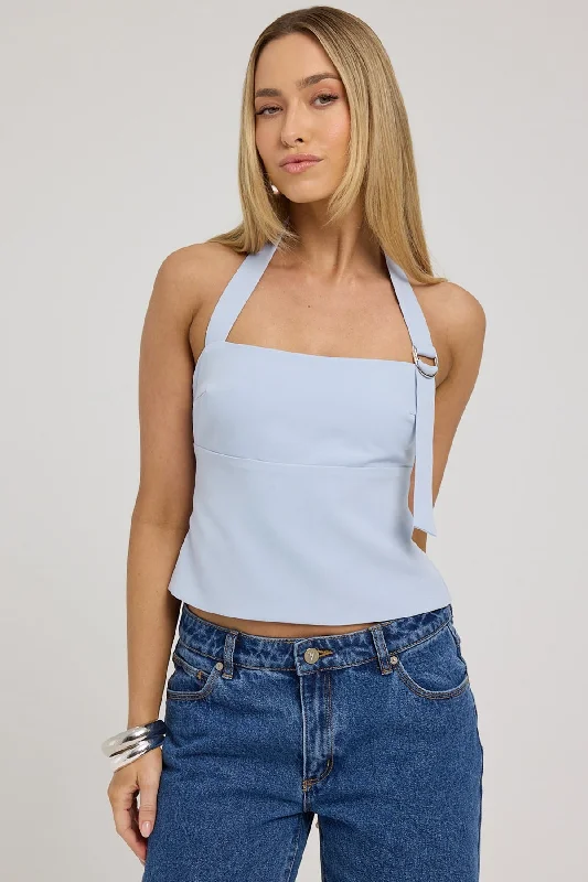 Perfect Stranger Buckle Up Halter Top Light Blue