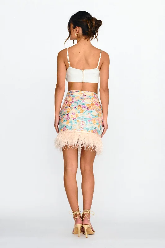 Popstar Sequin Feather Hem Skirt Cream Multi