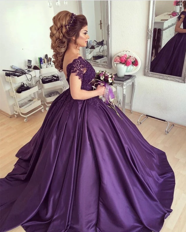 Purple Lace V-neck Cap Sleeves Wedding Dresses Ball Gowns For Engagement Party