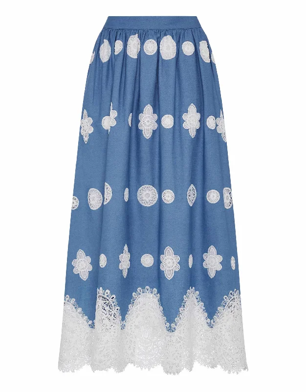 Rhea Denim Midi Skirt in Blue Lace