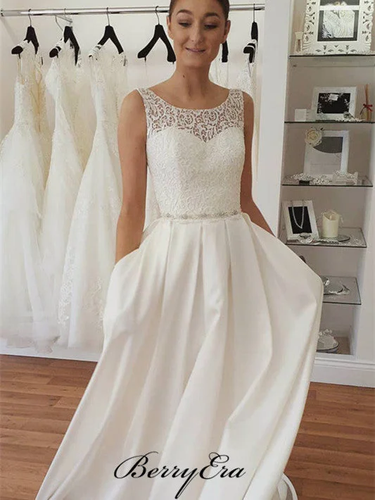 Round Neckline A-line Lace Satin Long Wedding Dresses