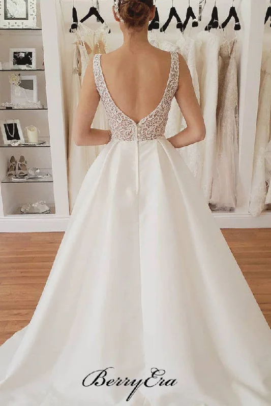 Round Neckline A-line Lace Satin Long Wedding Dresses