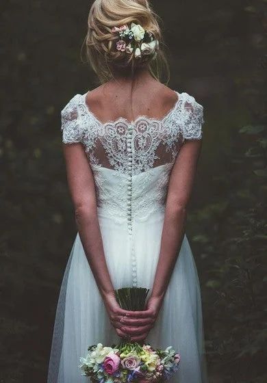 Satin Lace Tulle Floor-length A Line Short Sleeve Ethereal Adorable Wedding Dress