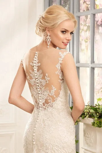 Sheath Long Bateau Cap-Sleeve Illusion Lace Tulle Dress With Appliques And Pleats