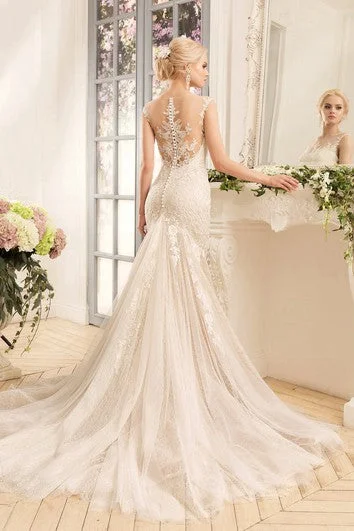 Sheath Long Bateau Cap-Sleeve Illusion Lace Tulle Dress With Appliques And Pleats