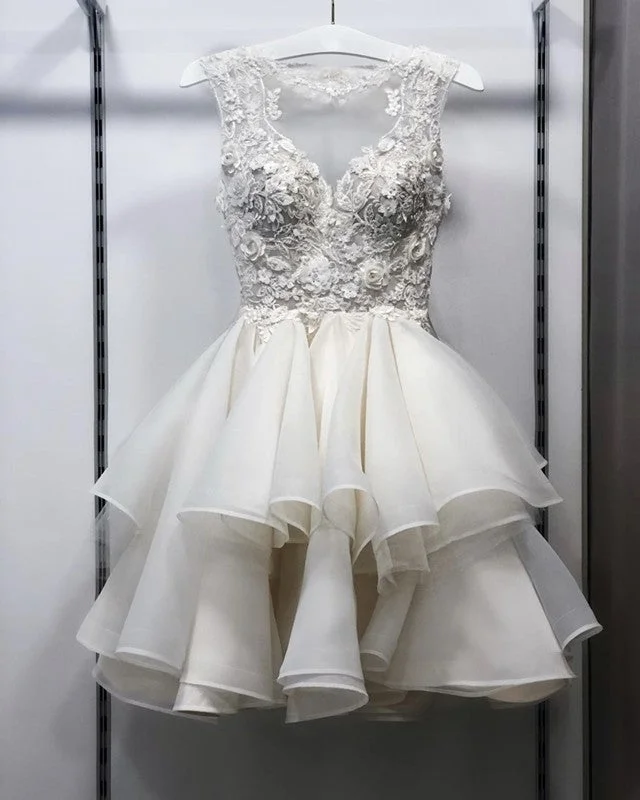 Short Organza Ruffles Wedding Dress Lace Embroidery