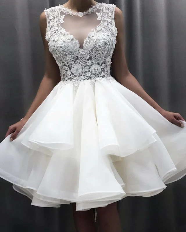 Short Organza Ruffles Wedding Dress Lace Embroidery