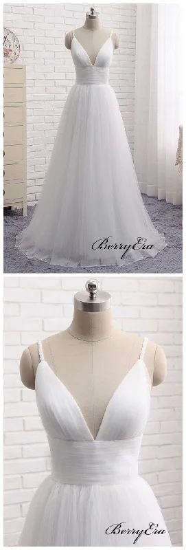 Simple Tulle Design Wedding Dresses, Spaghetti Straps Bridal Gowns, Cheap Wedding Dresses