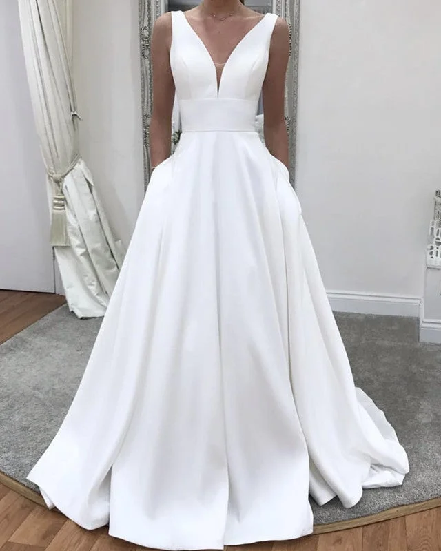 Simple A Line Satin Wedding Dress V-neck