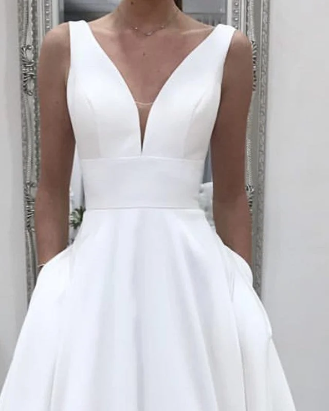 Simple A Line Satin Wedding Dress V-neck