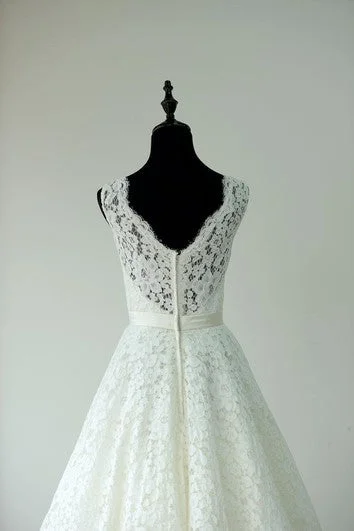 Sleeveless A-Line Tea Length Lace Dress With Low-V Back and Satin Sash