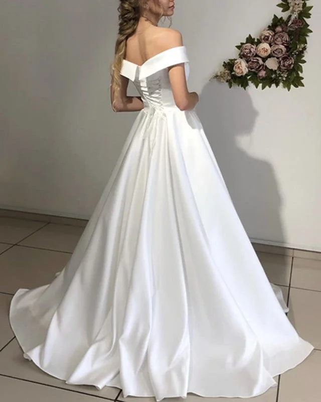 Sleeveless Wedding Dress A Line Satin Off Shoulder