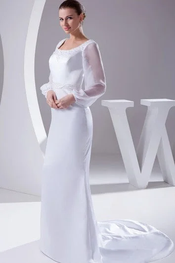 Square-Neck Beaded Mermaid Satin Dress With Long-Sleeve Design and Court Train