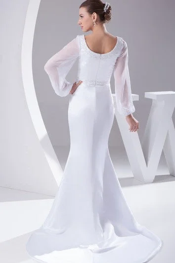 Square-Neck Beaded Mermaid Satin Dress With Long-Sleeve Design and Court Train