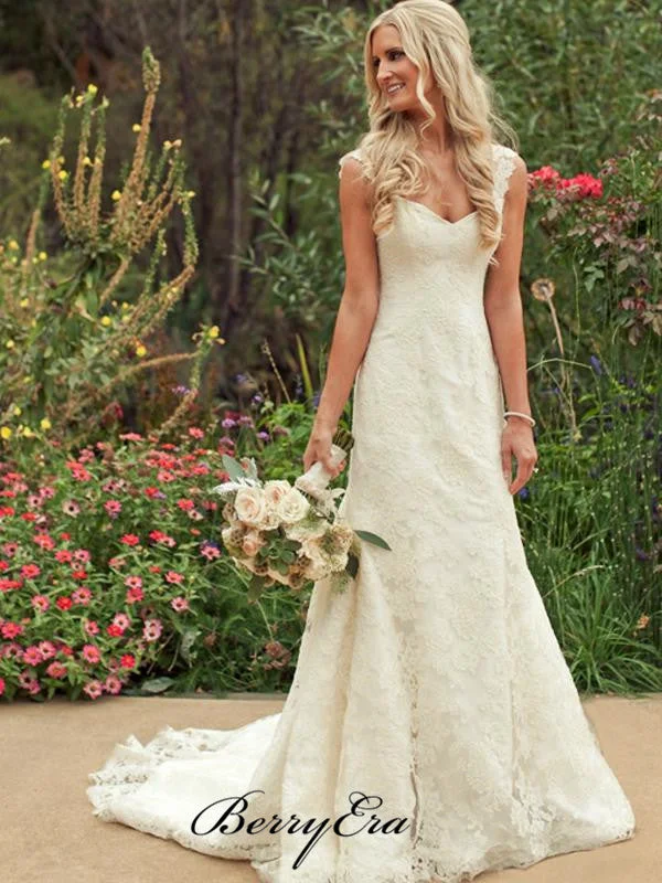 Straps Long Mermaid Ivory Lace Wedding Dresses