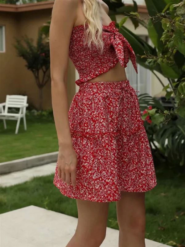 Summer Tie Detail Bralet Top And Skater In Red Print