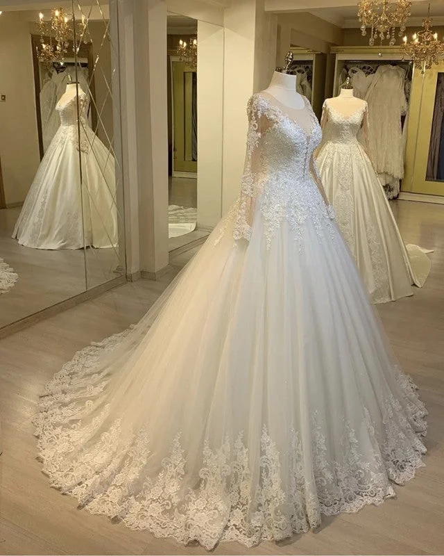 Tulle Ball Gown Wedding Dresses Lace Long Sleeves