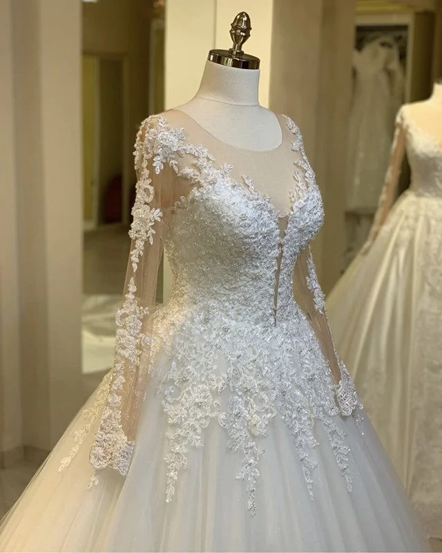 Tulle Ball Gown Wedding Dresses Lace Long Sleeves