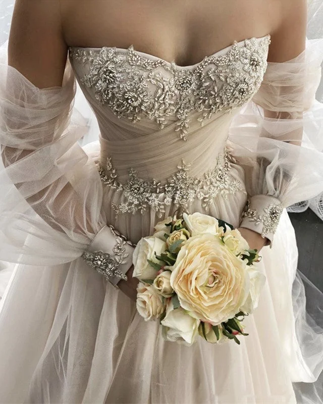 Tulle Boho Wedding Dresses Removable Sleeves