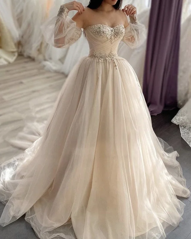 Tulle Boho Wedding Dresses Removable Sleeves