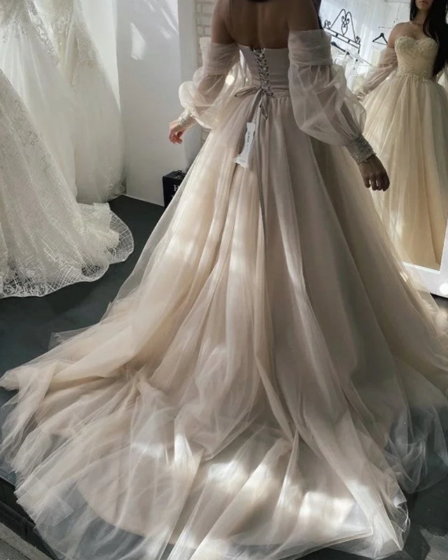 Tulle Boho Wedding Dresses Removable Sleeves