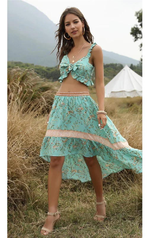 Two Piece Co Ord Skirt And Summer Bralet Top In Mint Green Print