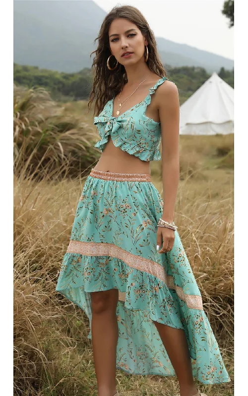 Two Piece Co Ord Skirt And Summer Bralet Top In Mint Green Print