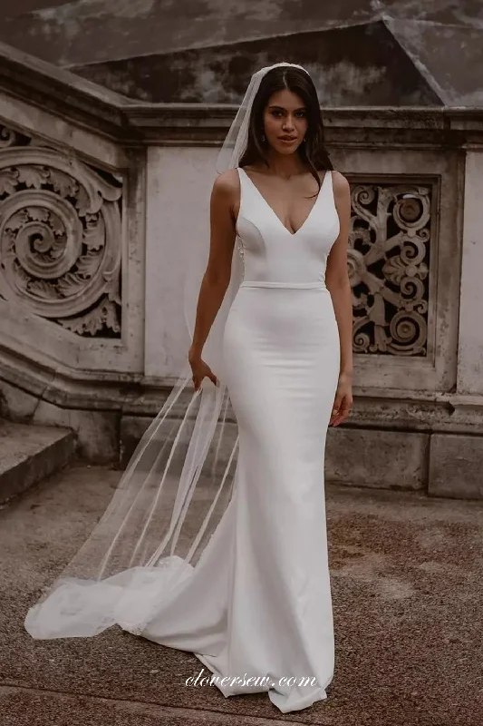 V-neck Sleeveless Satin Backless Mermaid Simple Wedding Dresses, CW0373