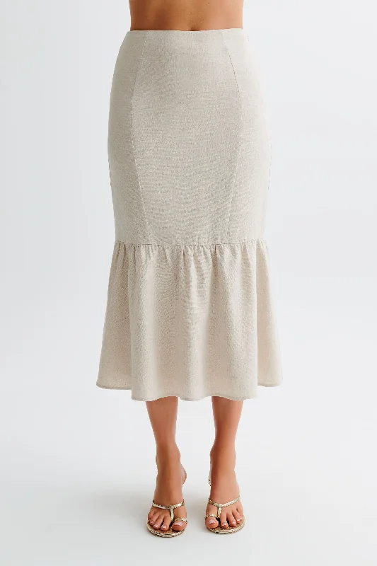 Venezia Linen Midi Skirt With Ruffle - Natural