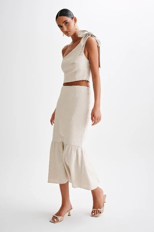 Venezia Linen Midi Skirt With Ruffle - Natural