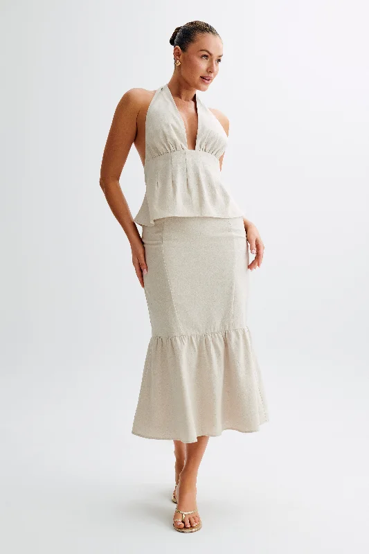 Venezia Linen Midi Skirt With Ruffle - Natural